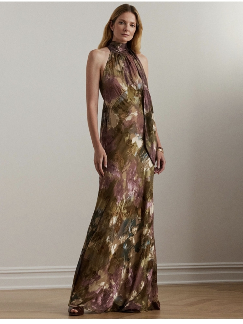 Lauren Ralph Lauren Olive Mauve and Gold Floral Satin Halter Gown NWT $365 Sz 18